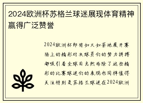 2024欧洲杯苏格兰球迷展现体育精神赢得广泛赞誉